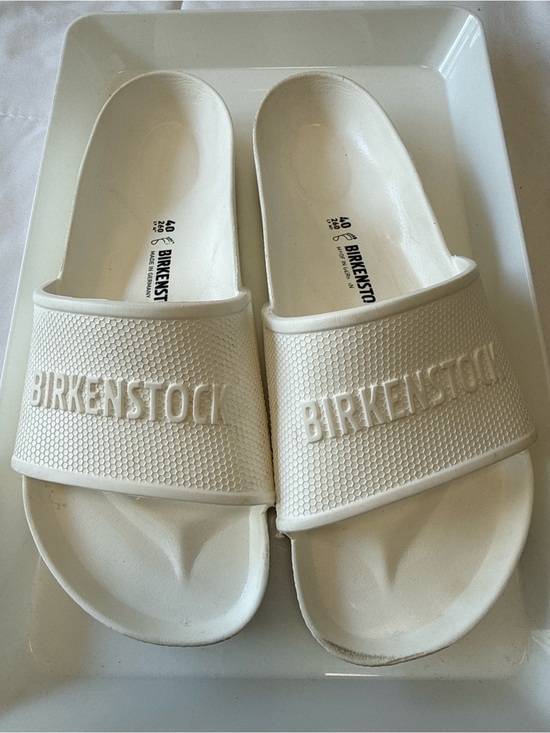 Birkenstock Shoes - Birkenstock White EVA Slide Sandals with Embossed Logo